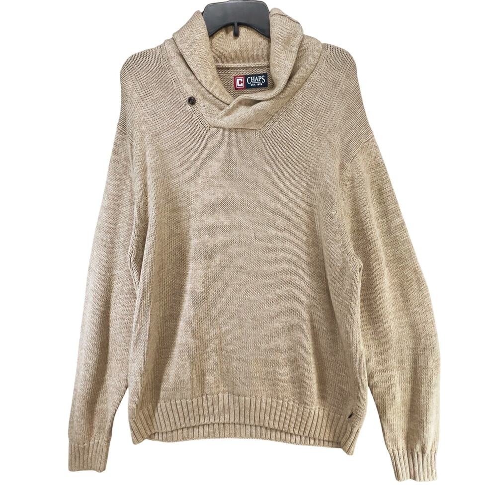 Chaps Sweater Mens XL Tan Brown Cotton Shawl Collar Grandpa‎ Preppy Cozycore